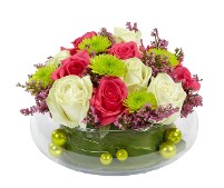 Contrasting Colored Assortment in Lily Bowl with Beaded Garland Contrasting Colored Assortment in Lily Bowl with Beaded Garland