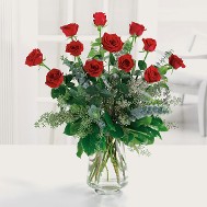 Dozen Vased Roses w/ Assorted Greens