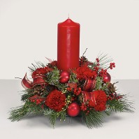 Round Holiday Centerpiece w/ Red Pillar Candle Round Holiday Centerpiece w/ Red Pillar Candle