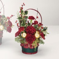 Red and Green Basket Filled w/ Holly, Pine, Ornaments, and Carnations Red and Green Basket Filled w/ Holly, Pine, Ornaments, and Carnations