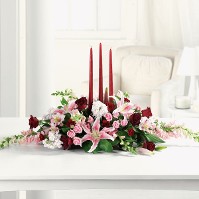 Long and Low Centerpiece in Pink and Red w/ Candles Long and Low Centerpiece in Pink and Red w/ Candles