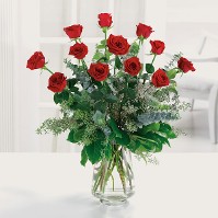 Dozen Long Stem Red Roses w/ Assorted Greenery