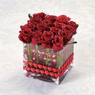 16 Red Roses in a Cube w/ Valentine's Ribbon
