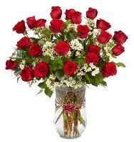 Two Dozen Red Roses w/ White Wax Flower Arranged in Vase Two Dozen Red Roses w/ White Wax Flower Arranged in Vase